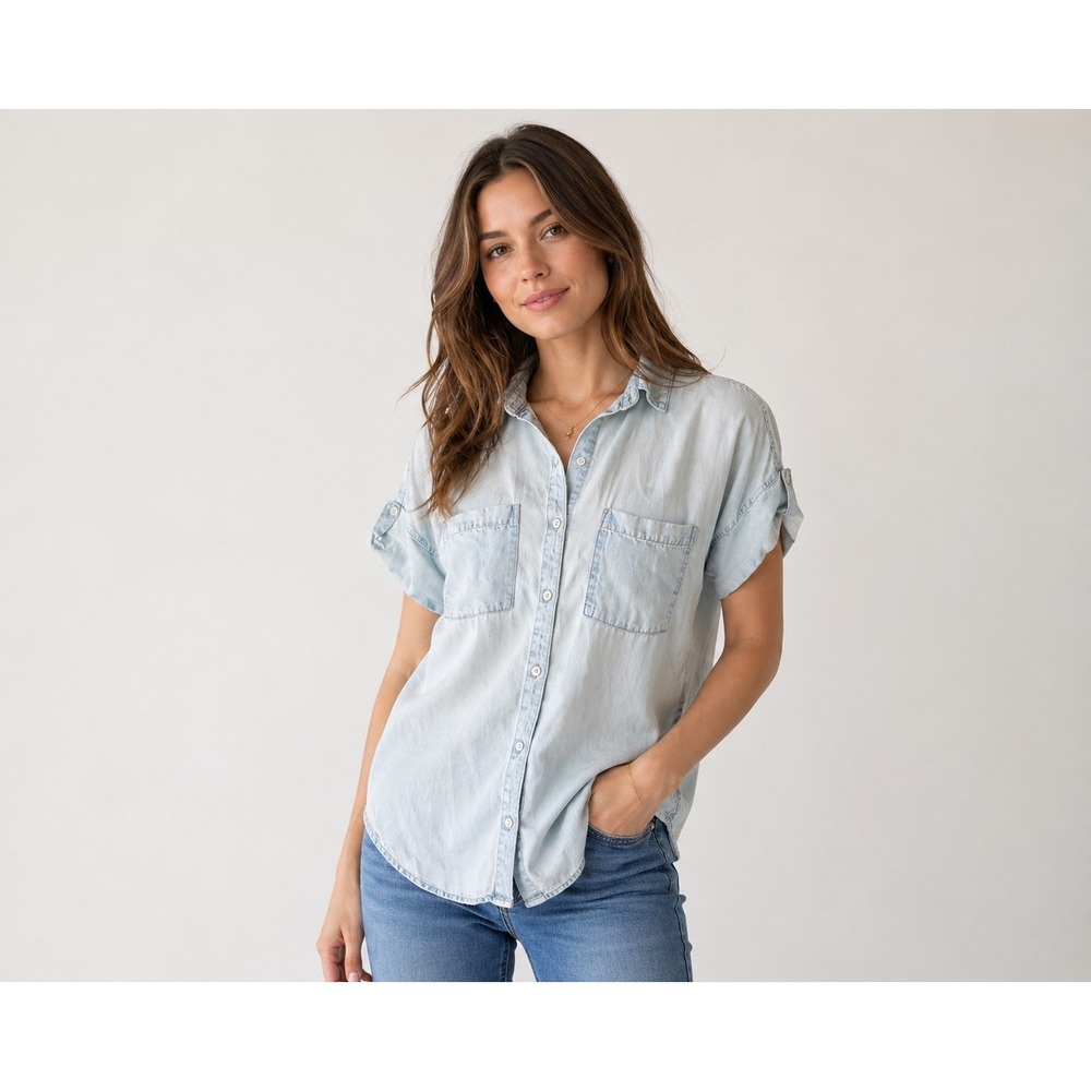Cloth & Stone Light Wash Tencel Lyocell Short Sleeve Button Down Shirt Small